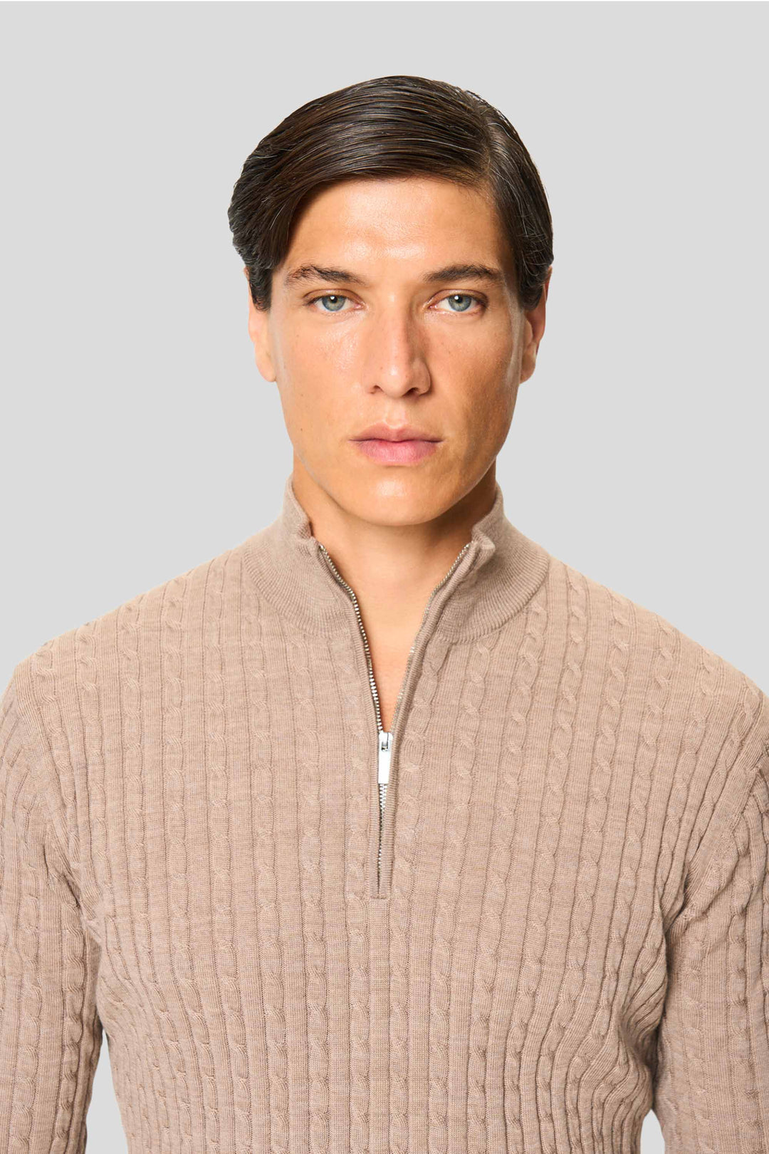Sand merino quarter-zip kabel striktrøje
