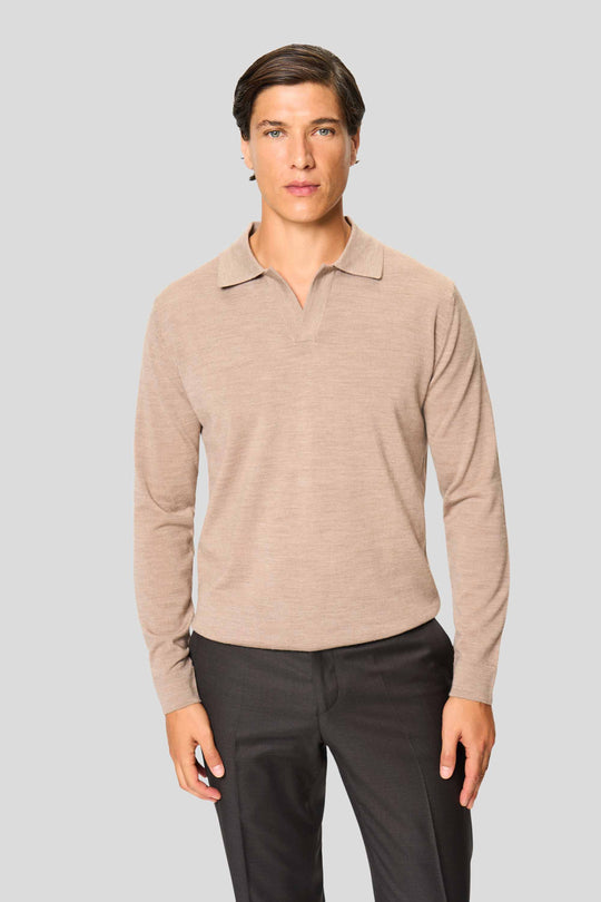 Sandfarbenes Merino-Langarm-Poloshirt