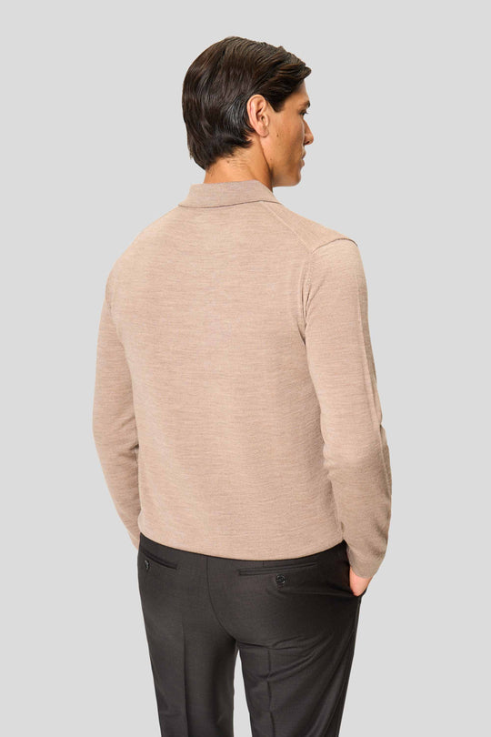 Sandfarbenes Merino-Langarm-Poloshirt mit Knöpfen