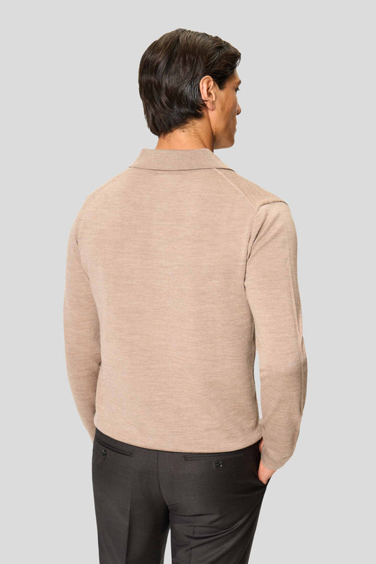 Sandfarbenes Merino-Langarm-Poloshirt