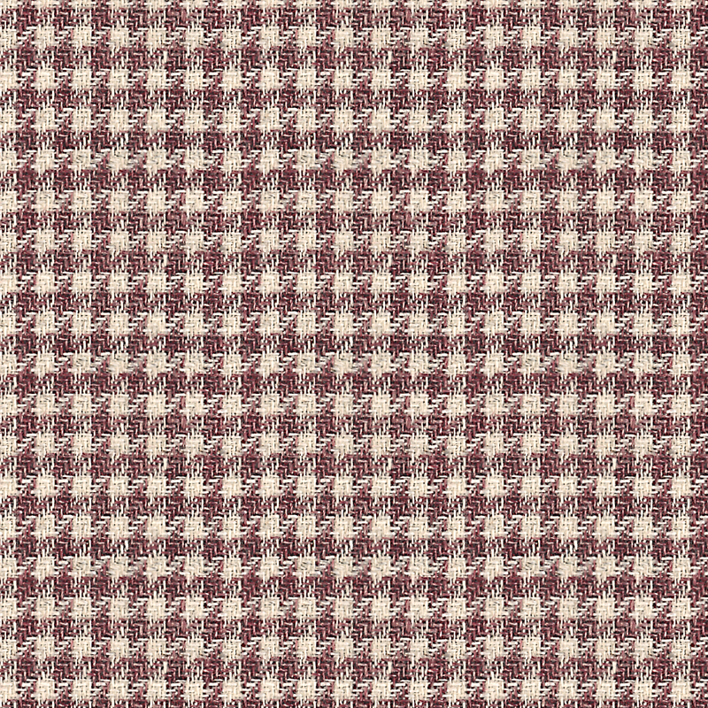 Nærbillede af bordeaux og beige vævet stof med ternet mønster.