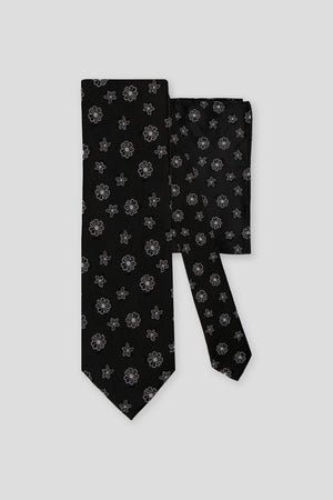 Krawatten- und Einstecktuch-Set (Schwarz mit weißen Blumen)