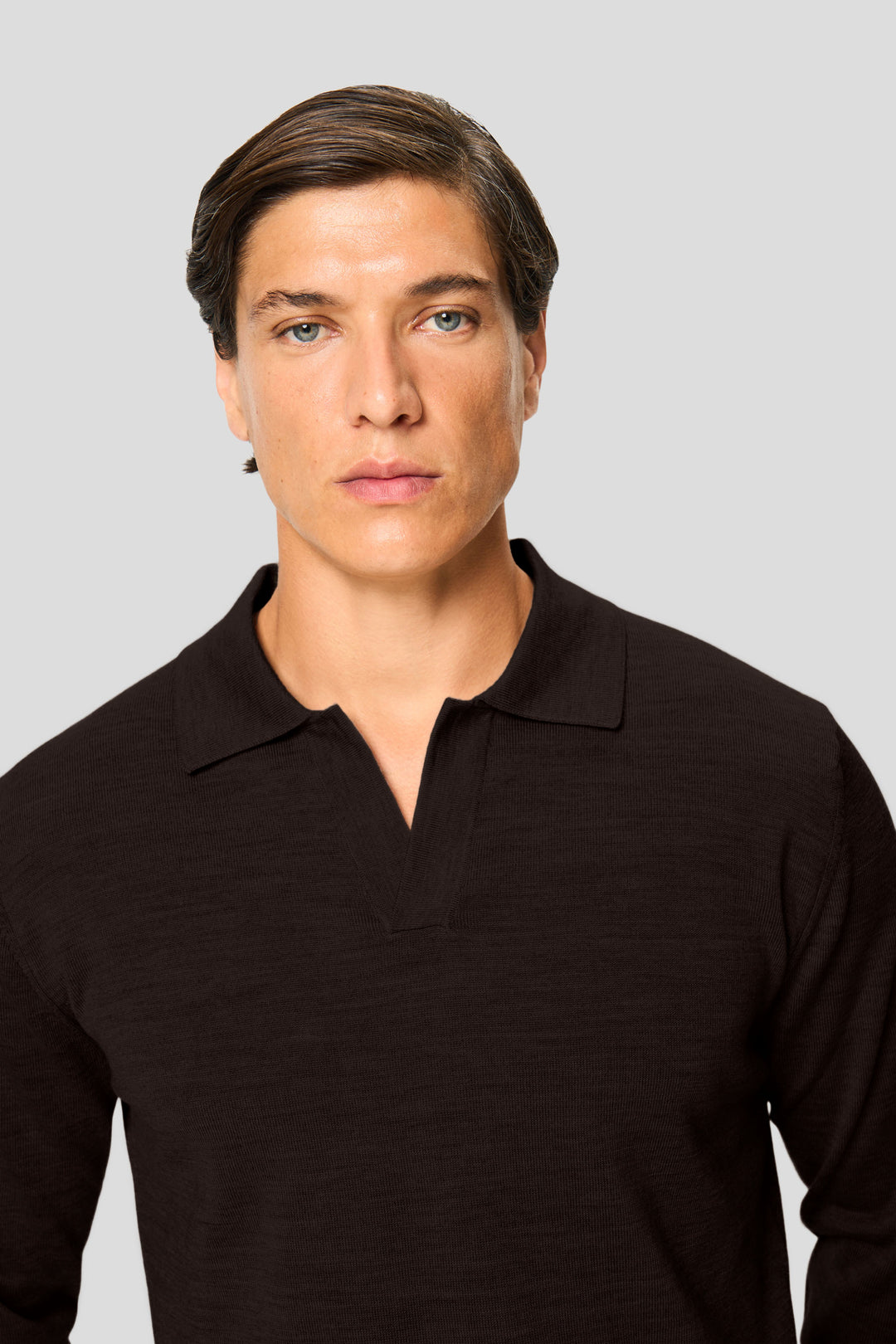 Brun merino langærmet polo
