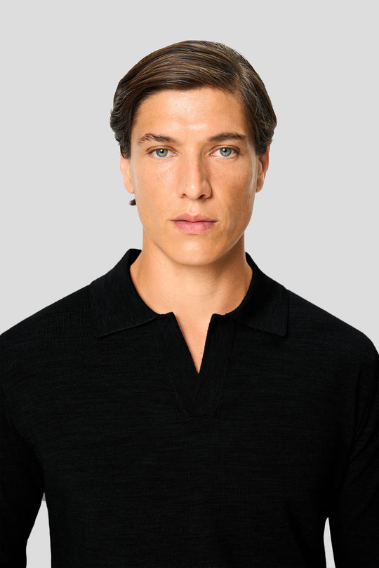Schwarzes Merino-Langarm-Poloshirt