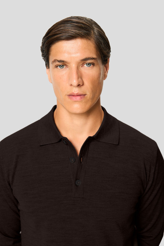 Braunes langärmliges Merino-Poloshirt mit Knöpfen