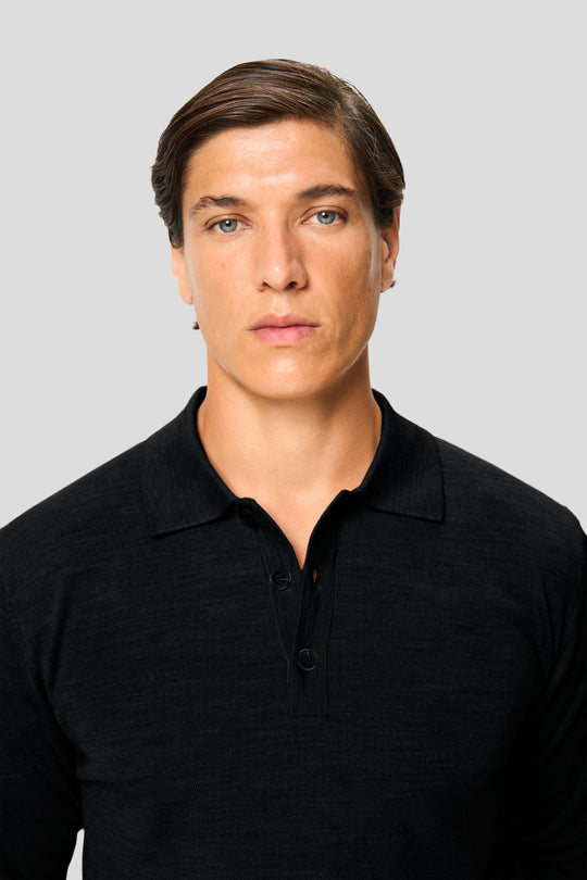 Schwarzes Merino-Langarm-Poloshirt mit Knöpfen