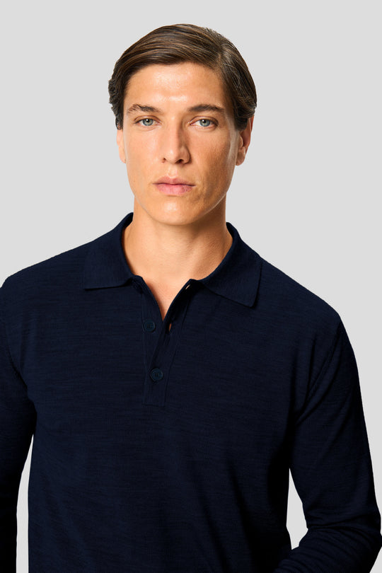 Marineblaues Merino-Langarm-Poloshirt mit Knöpfen