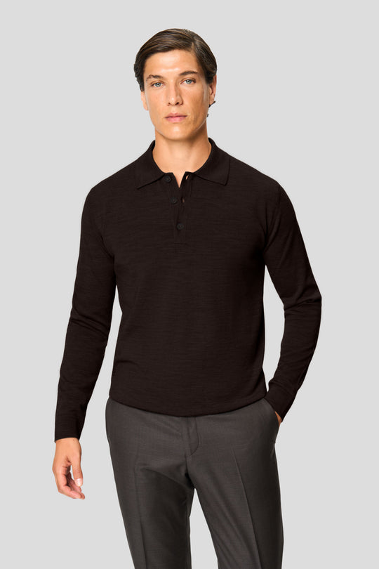 Braunes langärmliges Merino-Poloshirt mit Knöpfen