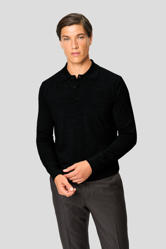 Schwarzes Merino-Langarm-Poloshirt mit Knöpfen