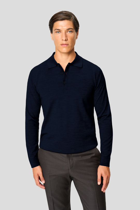 Marineblaues Merino-Langarm-Poloshirt mit Knöpfen