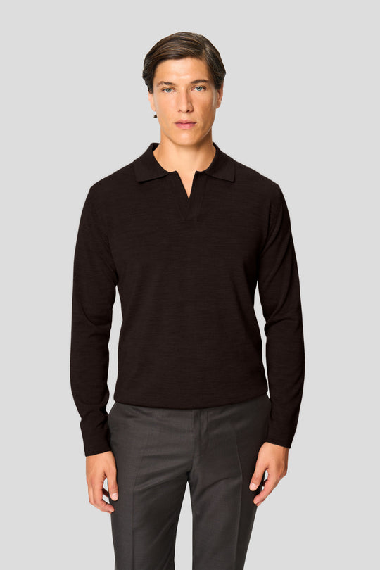 Braunes Merino-Langarm-Poloshirt