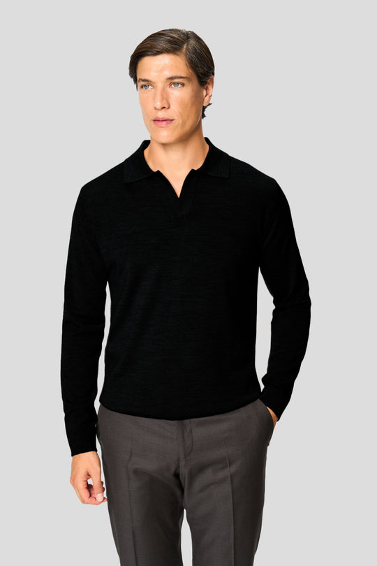 Schwarzes Merino-Langarm-Poloshirt