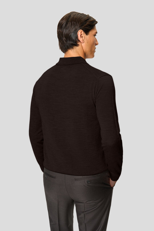 Braunes langärmliges Merino-Poloshirt mit Knöpfen