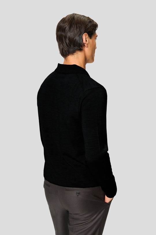 Schwarzes Merino-Langarm-Poloshirt