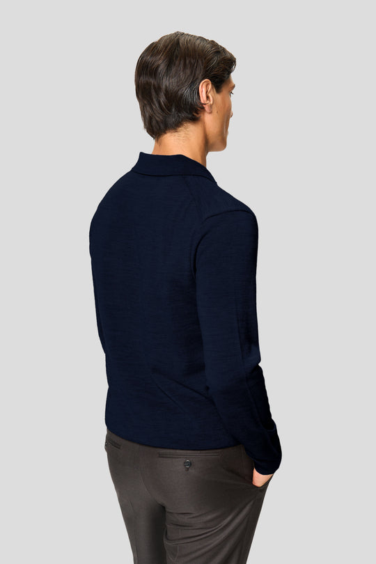 Marineblaues Merino-Langarm-Poloshirt mit Knöpfen
