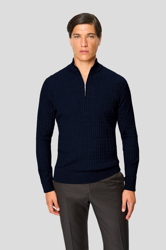 Navy merino quarter-zip kabel striktrøje