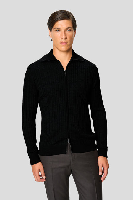 Sort merino kabel cardigan med lynlås
