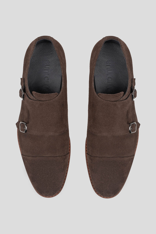 Brune dobbelt monk strap sko i ruskind Ahler