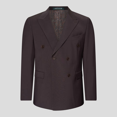 Mørkebrun dobbeltradet blazer med spidse revers og paisley-mønstret foer fra SUIT CLUB