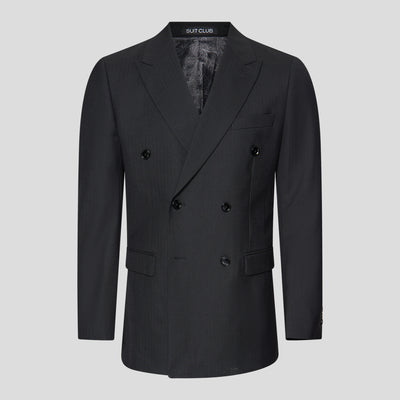 Sort dobbeltradet blazer med spidse revers, sorte knapper og paisley-mønstret foer fra SUIT CLUB